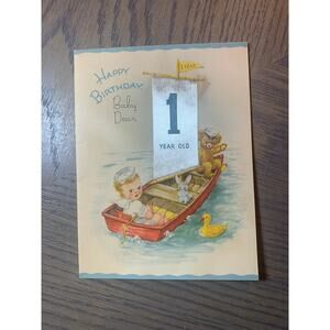 Happy Birthday Baby Dear, 1 Year, Little Boy with Cute Animals in a Boat, 1950s